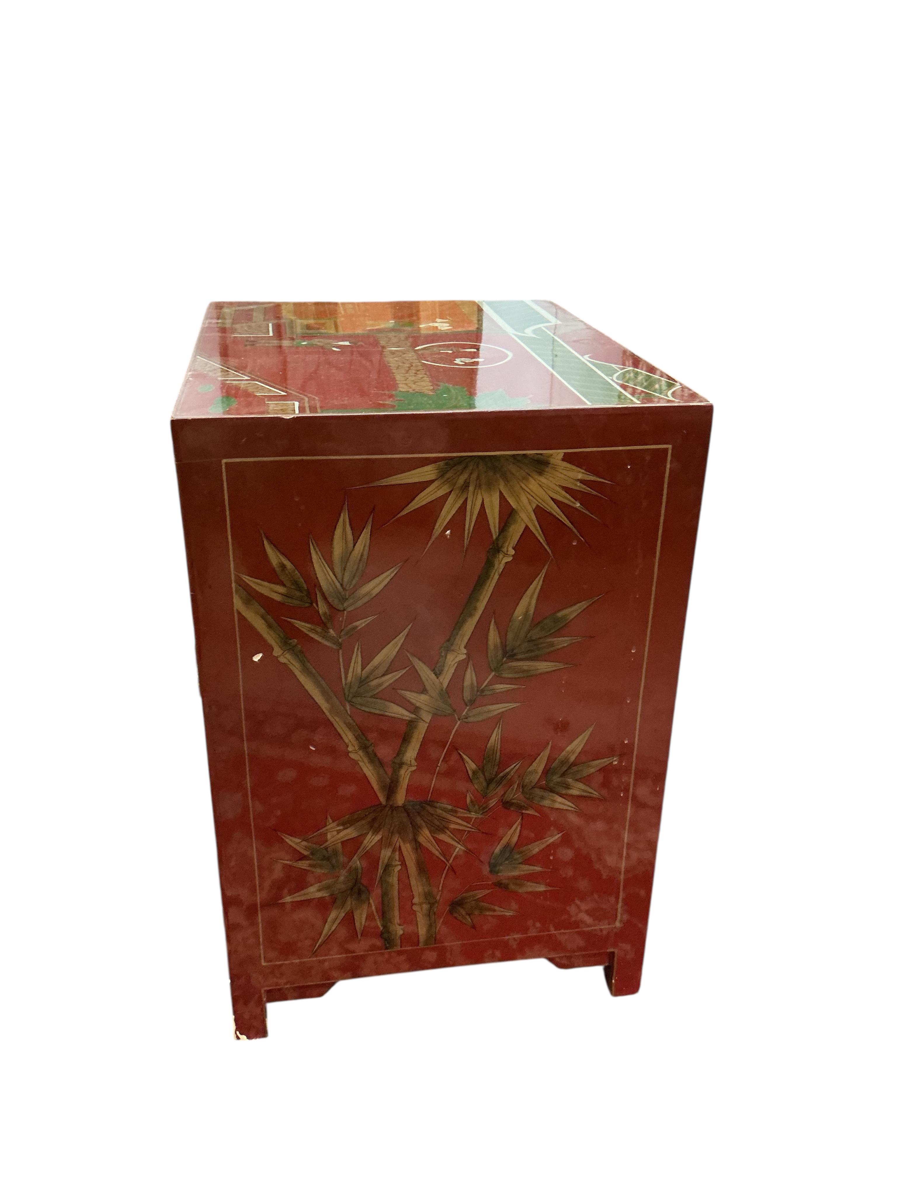 A pair of Chinese scarlet lacquer bedside chests, width 50cm, depth 40cm, height 61cm